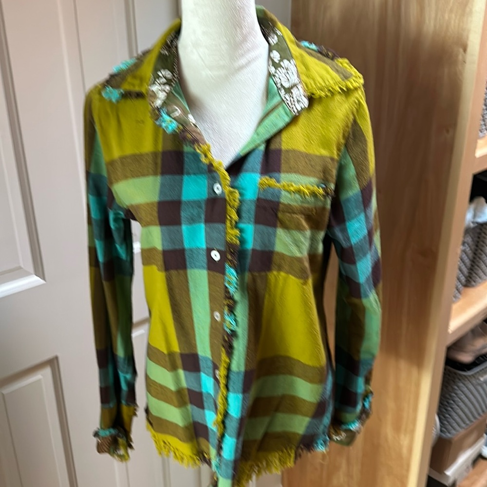 Tizzie brand fringe-edged plaid flannel shirt